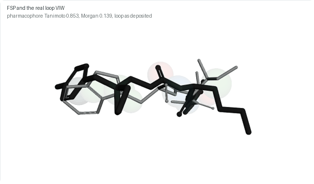 A rotating superposition of the co-crystal ligand FSP and the real protein loop VIW as deposited, with their shared pharmacophore features drawn