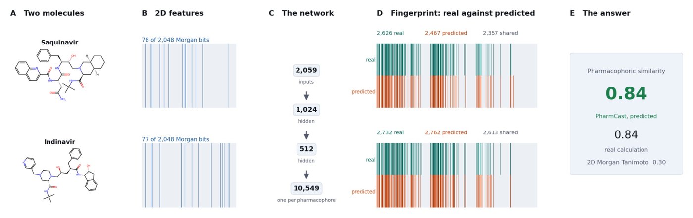A five-panel walkthrough of the pharmacophoric similarity surrogate: two real molecules, the Morgan bits each one sets, the network, each predicted fingerprint against the real one on the same 10,549-bit axis, and the resulting similarity in 0.584 milliseconds.
