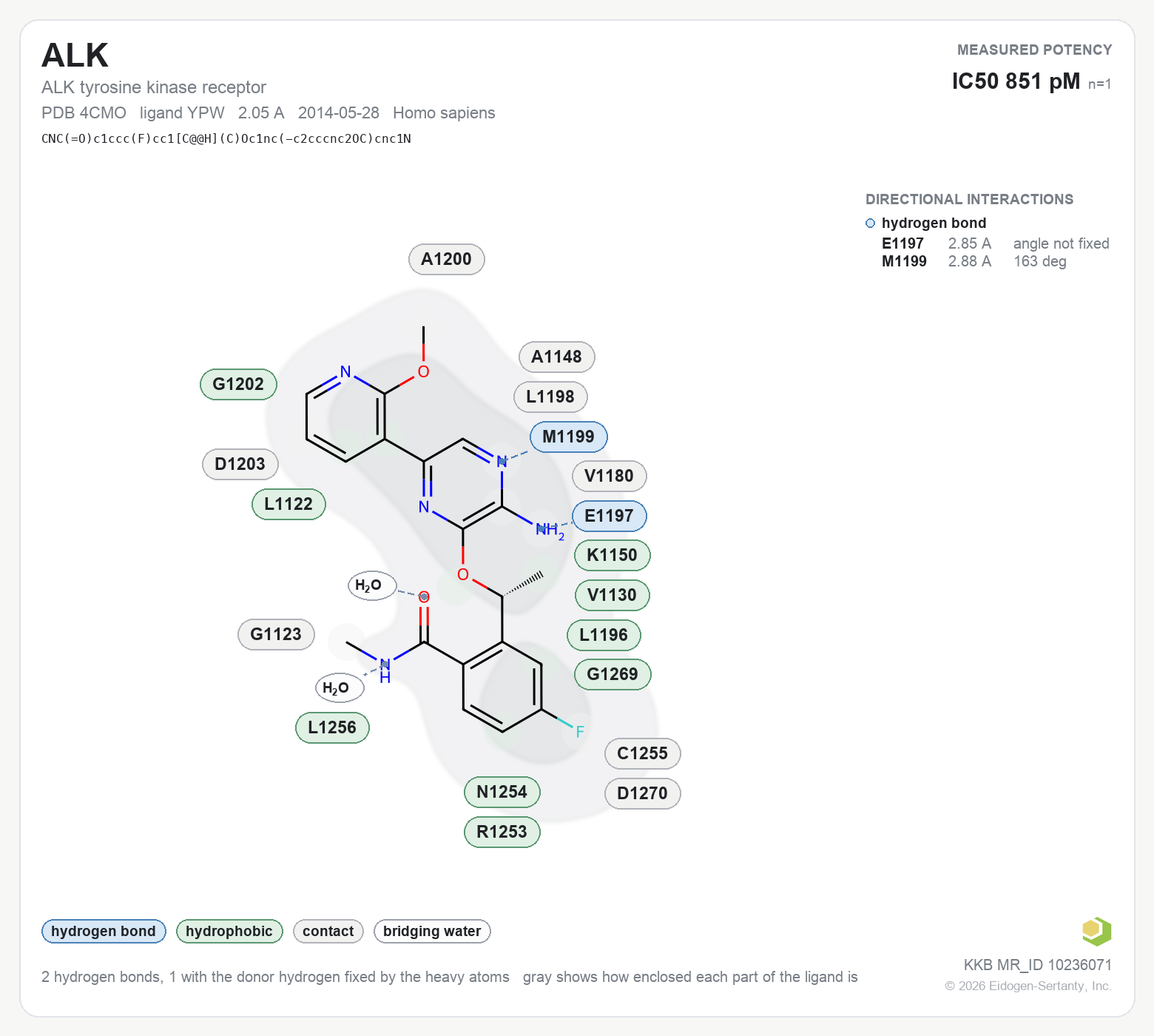 Contact map for ALK with ligand YPW from PDB entry 4CMO, IC50 0.851 nM in the Kinase Knowledgebase, showing the measured interactions on the flat structure