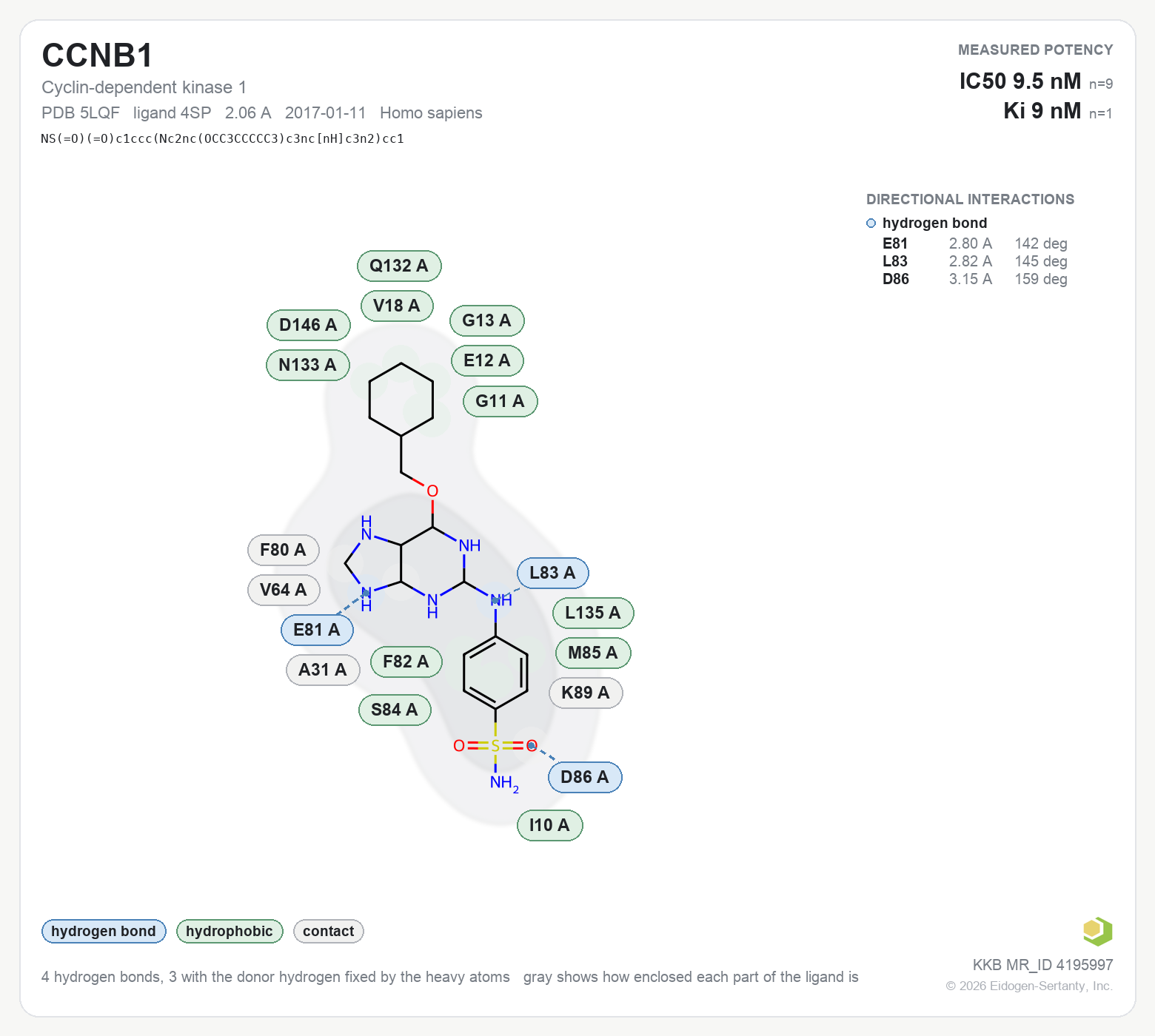 Contact map for CCNB1 with ligand 4SP from PDB entry 5LQF, IC50 9.5 nM in the Kinase Knowledgebase, showing the measured interactions on the flat structure