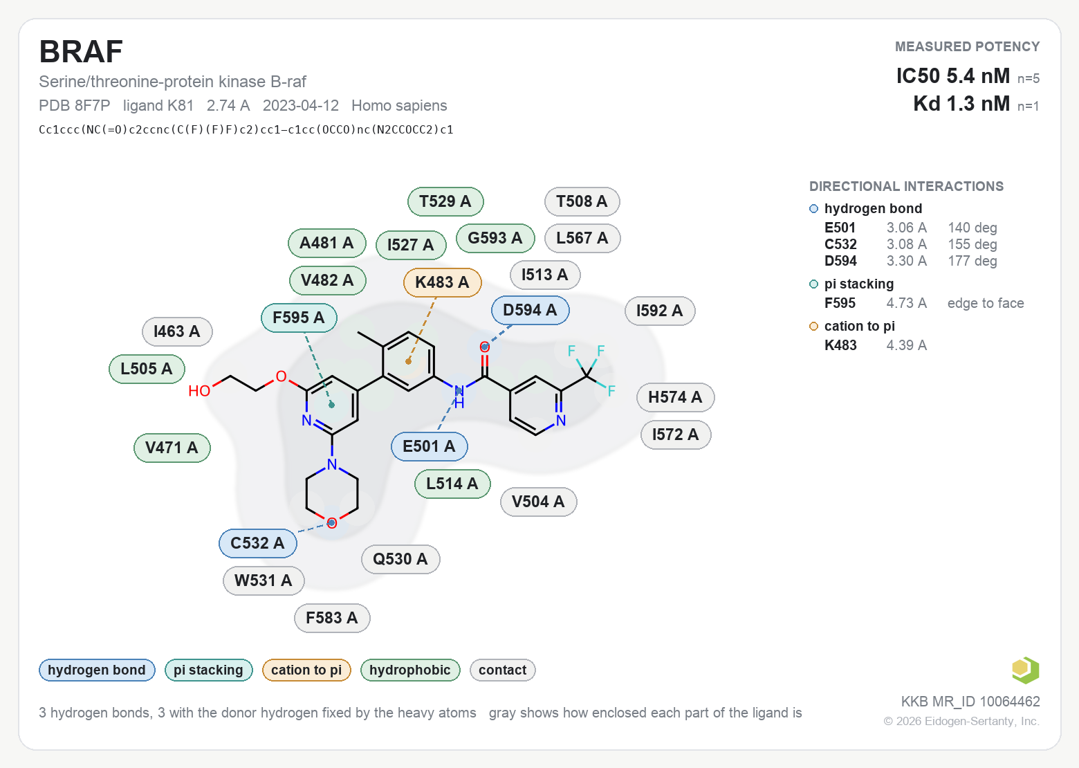 Contact map for BRAF with ligand K81 from PDB entry 8F7P, IC50 5.4 nM in the Kinase Knowledgebase, showing the measured interactions on the flat structure