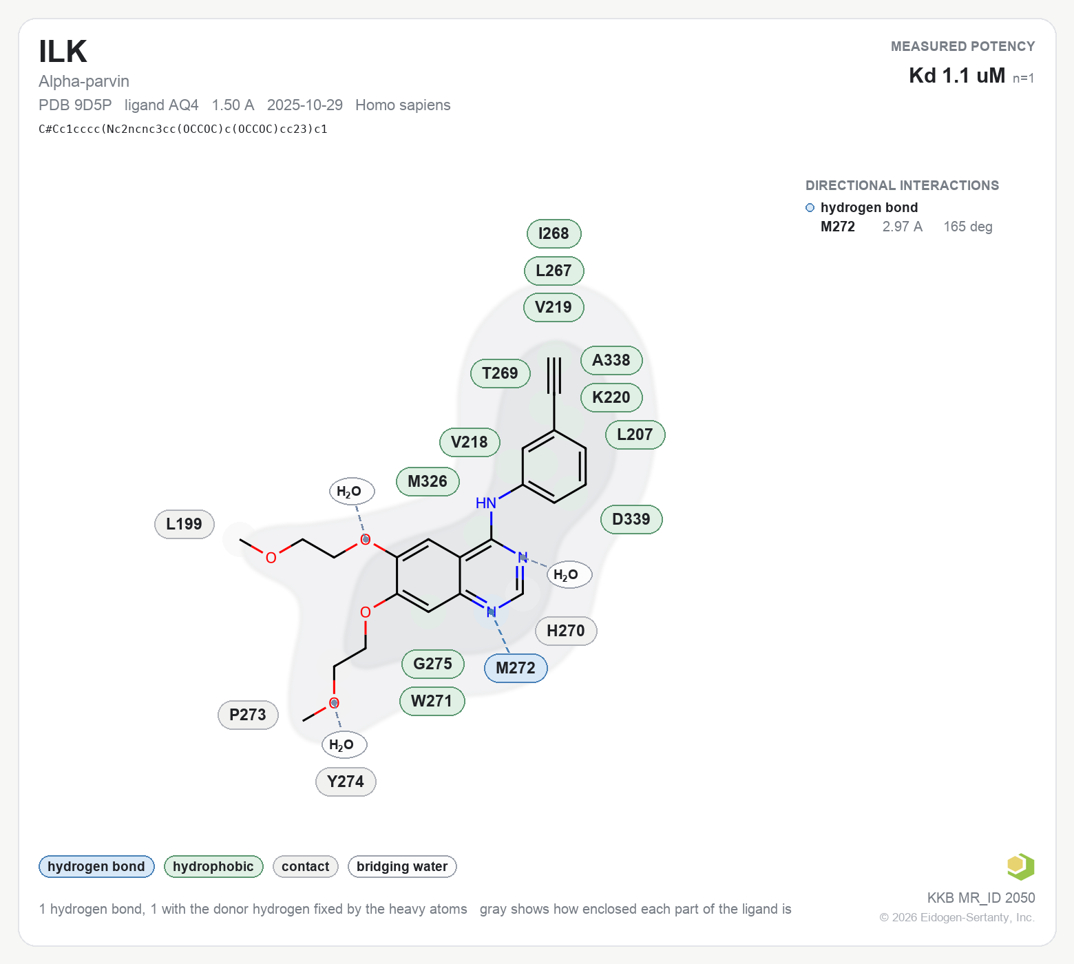 Contact map for ILK with ligand AQ4 from PDB entry 9D5P, KD 1.1 uM in the Kinase Knowledgebase, showing the measured interactions on the flat structure